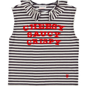 Camiseta collar ecru & black stripes "cheesy saucy crispy"