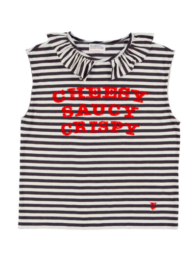 Camiseta collar ecru & black stripes "cheesy saucy crispy"