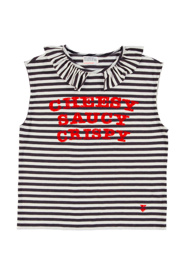 Camiseta collar ecru & black stripes "cheesy saucy crispy"