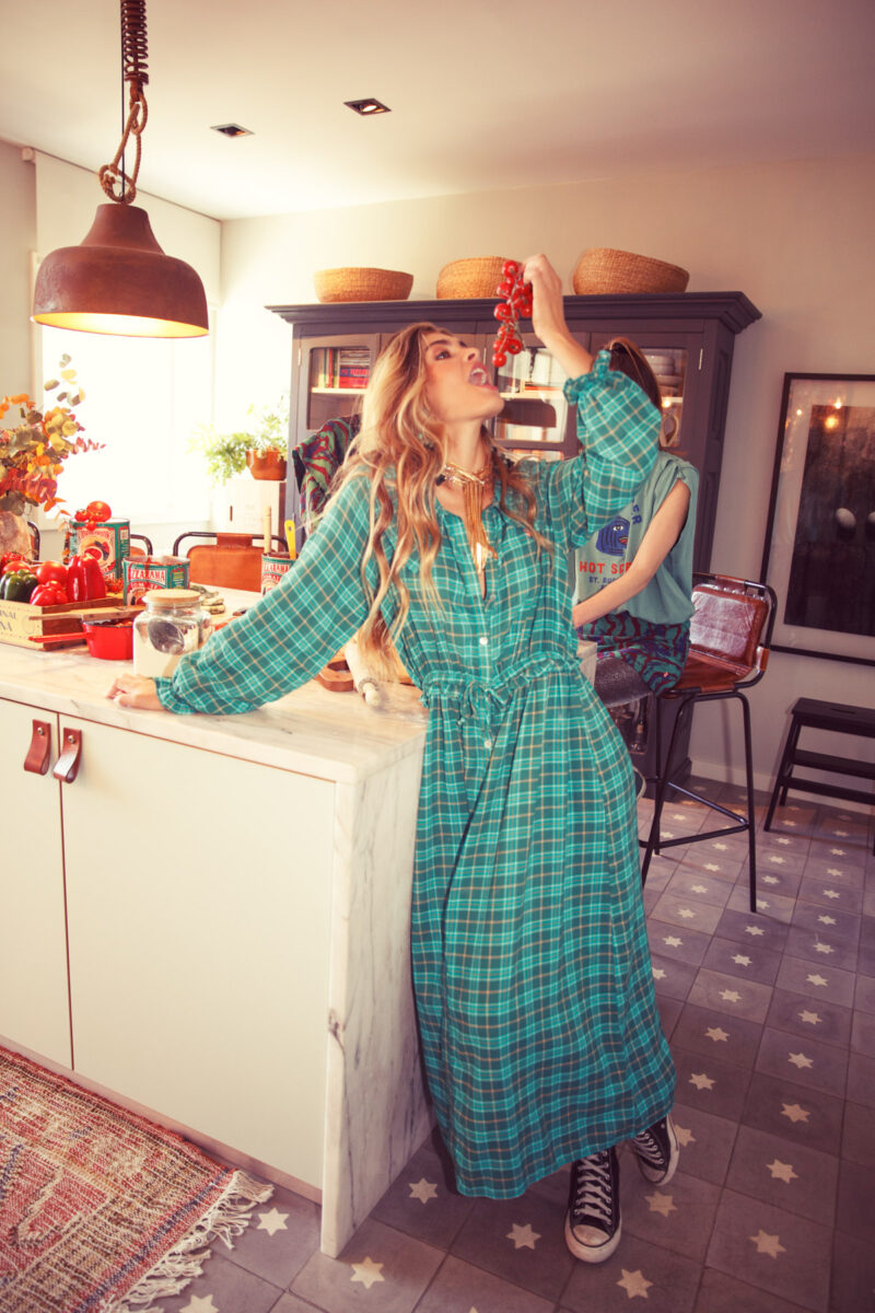 Vestido largo collar green cuadros