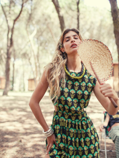 Vestido largo black green flowers