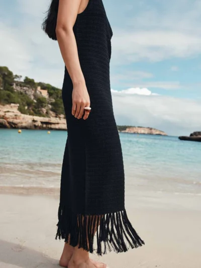 Vestido debby largo flecos negro