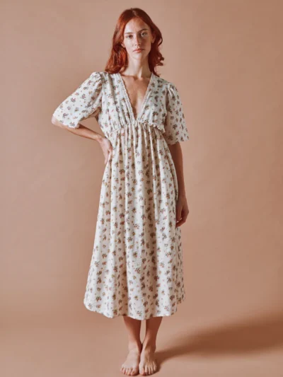 Vestido dovary largo flores ecru