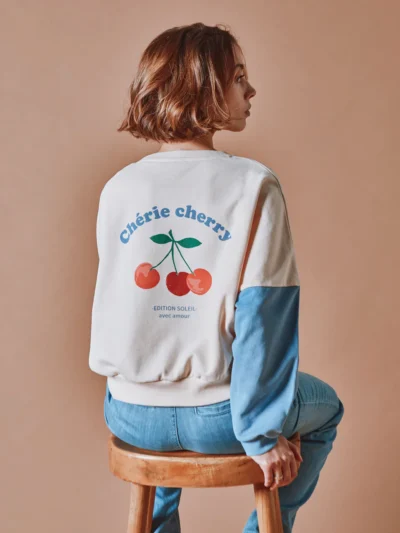 Sudadera dice Chérie Cherry bicolor creme